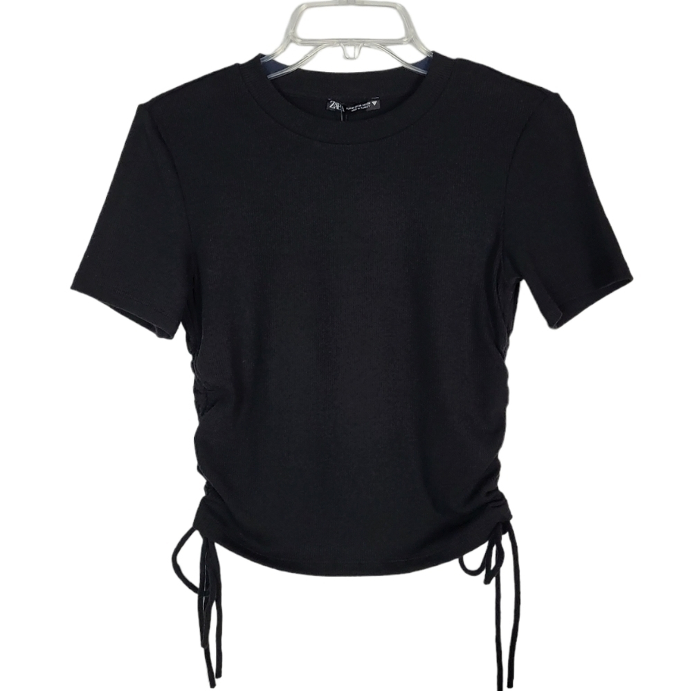 ZARA ruched ribbed short sleeve crop top black NWT y2k - Picture 2 of 7